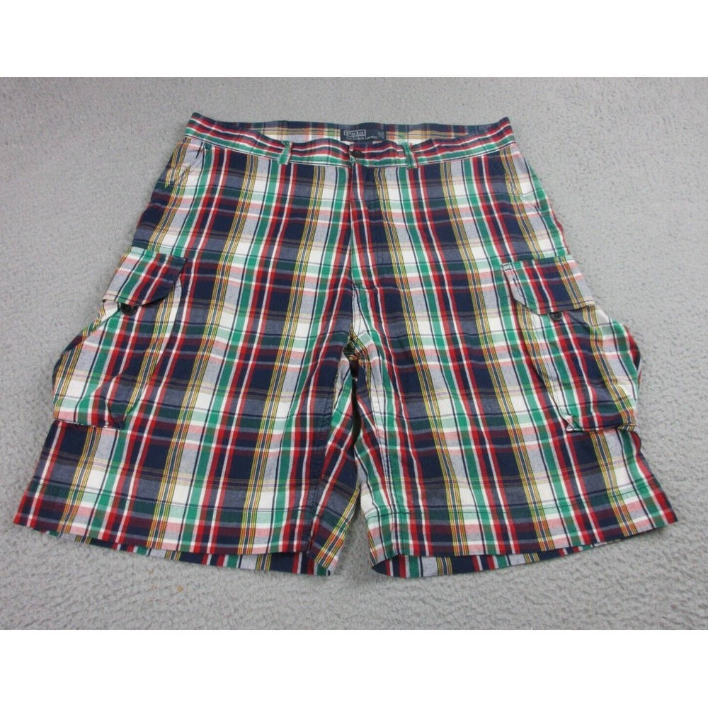 VINTAGE Polo Ralph Lauren‎ Shorts Mens 36 Blue Plaid Cargo Lightweight 36x23